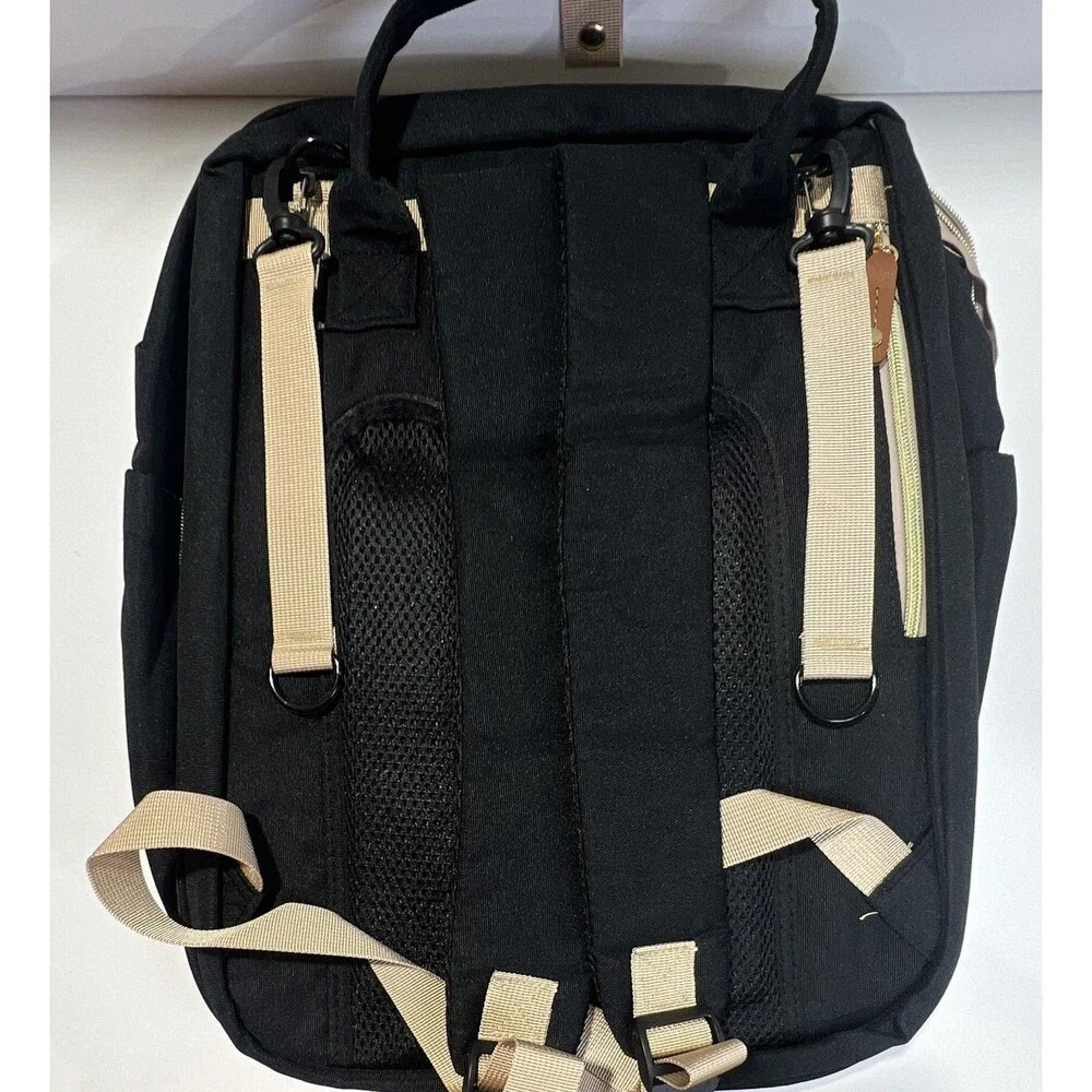 HKZ Solid Black/Beige Diaper Bag Backpack w/ Changing Pad, Inner/Outer Pockets